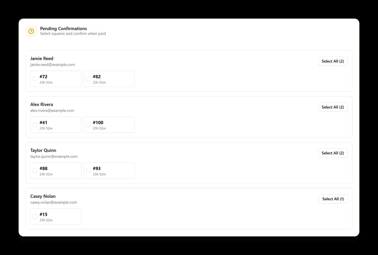 The manager view listing players with unpaid squares, each with checkboxes and a Select All button to confirm their payment.